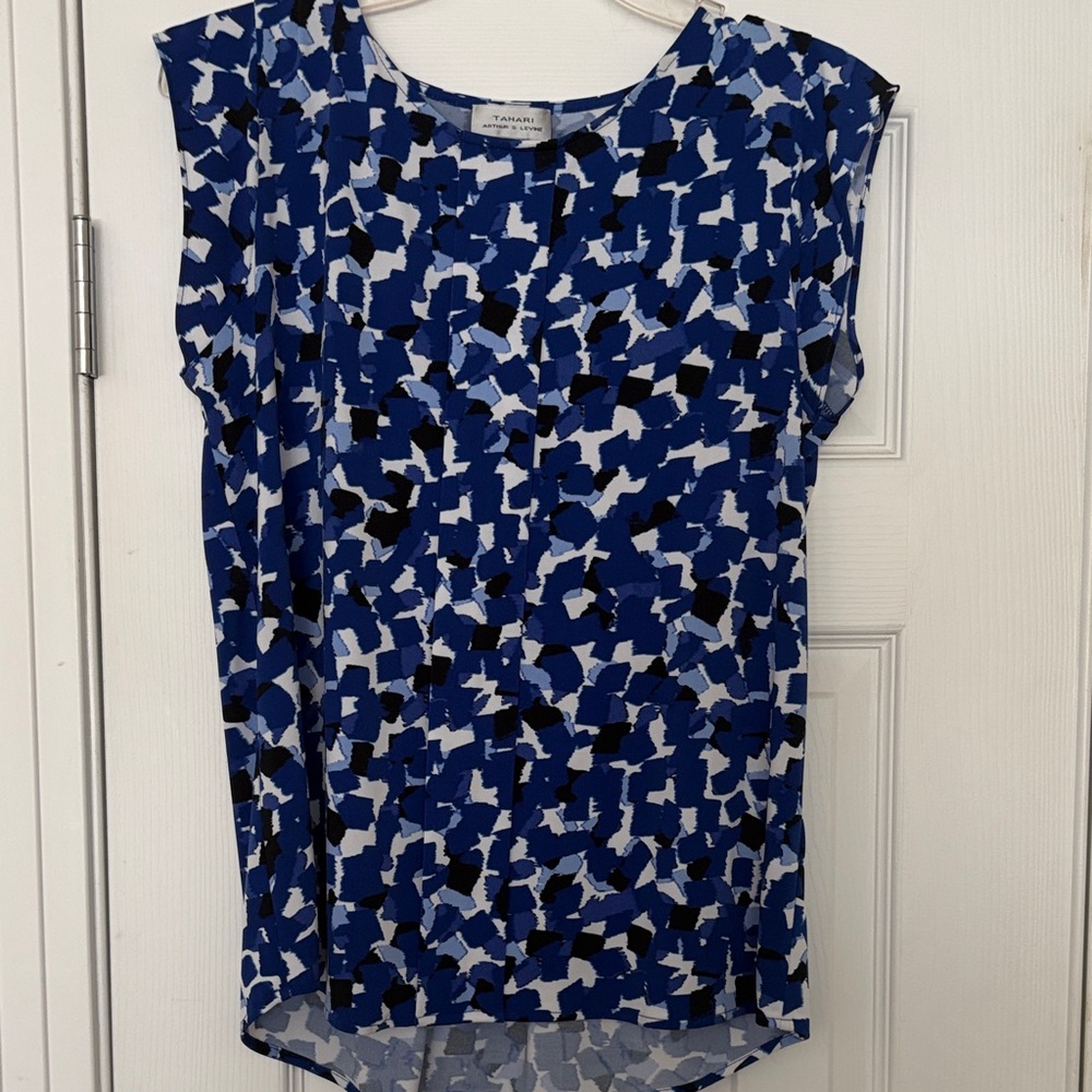 Tahari Blue Black White Abstract Cap Sleeve Blouse
